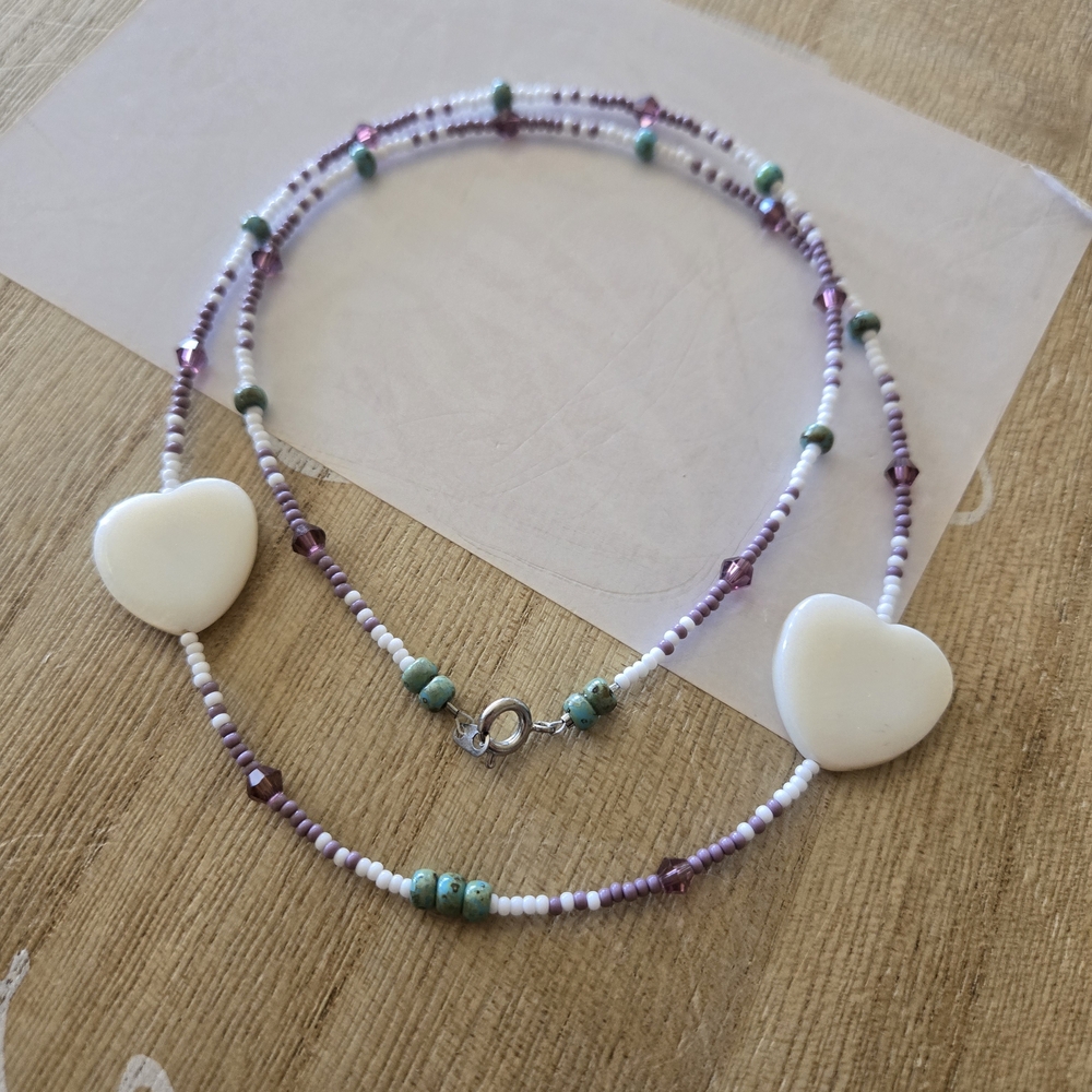 White Heart Beaded Necklace with Purple and Turquoise Accents